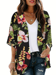 Tropical Print Cover Up Shirt V Neck Loose Fit Beachwear Women's Swimwear