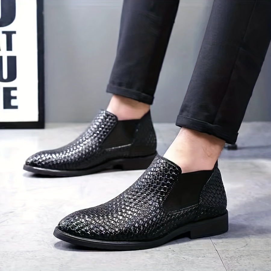 Men's Woven Effect PU Leather Chelsea Boots Slip on Shoes