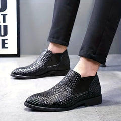 Men's Woven Effect PU Leather Chelsea Boots Slip on Shoes