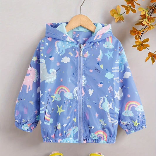 Girls' Unicorn Rainbow Print Hooded Jacket Spring Autumn Kids