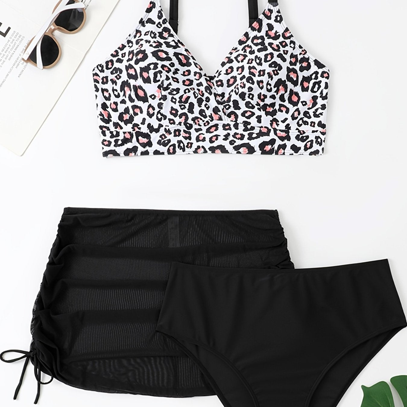 Leopard Print 3pcs Swimsuit Set Plus Size