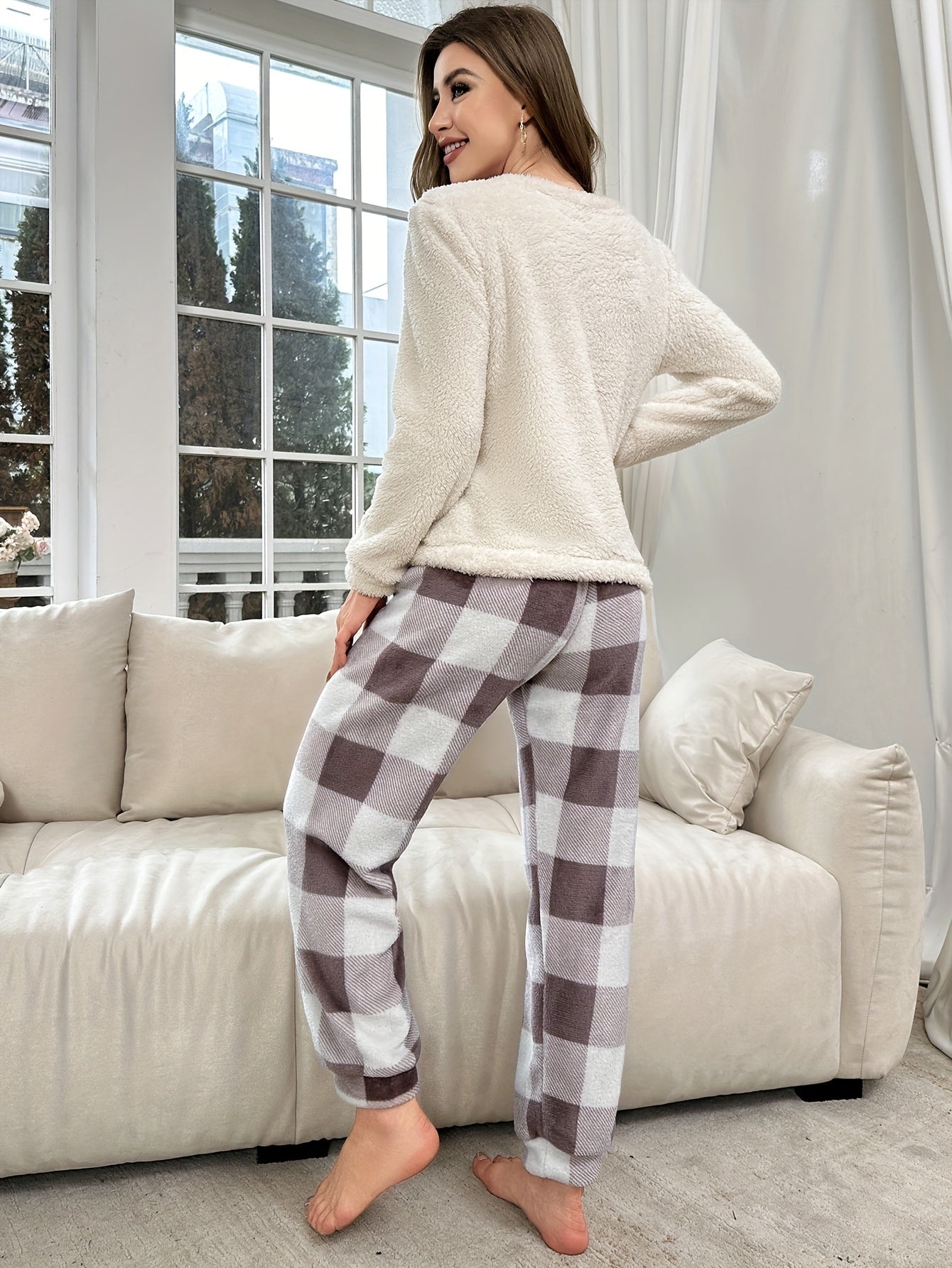 Plaid Fuzzy Lounge Set Crew Neck Top & Pants Women's Loungewear