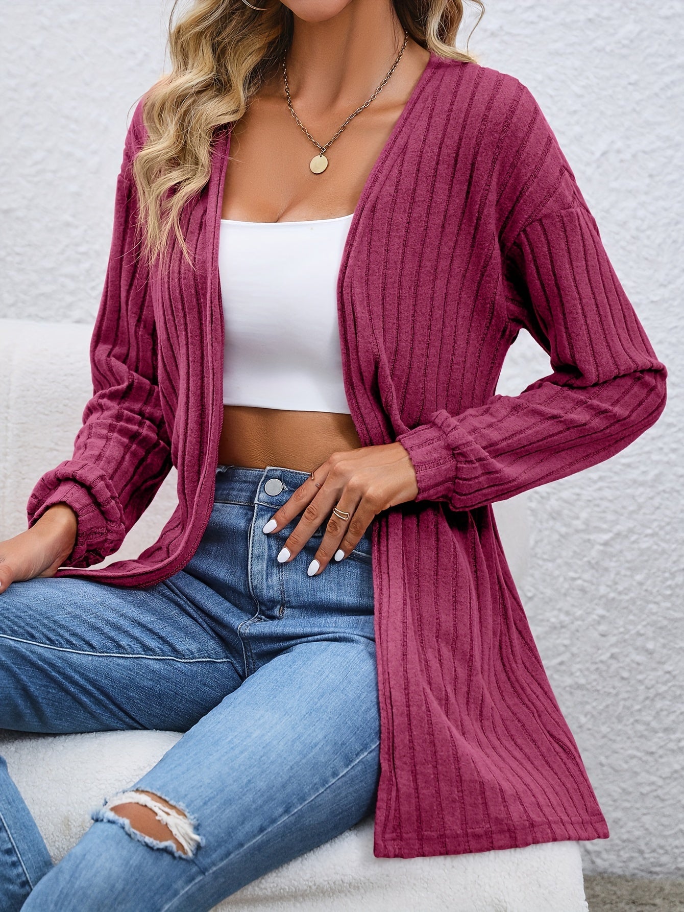 Solid Lantern Sleeve Cardigan Coat for Women