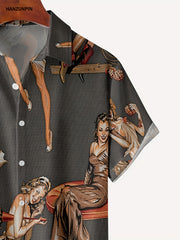 Retro Style Beauty Print Men s Casual Short Sleeve Hawaiian Shirt