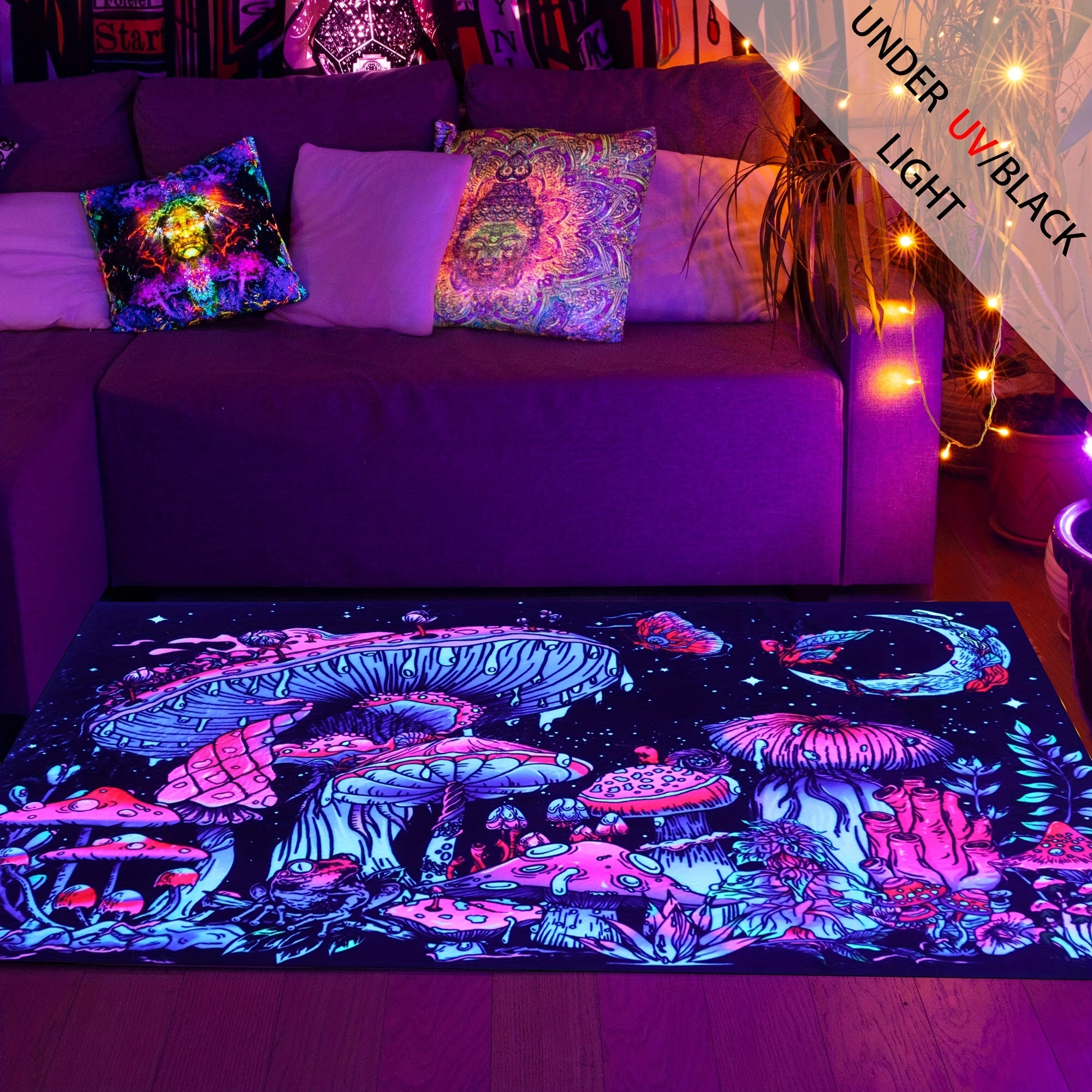 Magic Mushroom UV Light Flannel Rug Large Non Slip Mat for Bedroom Living Room