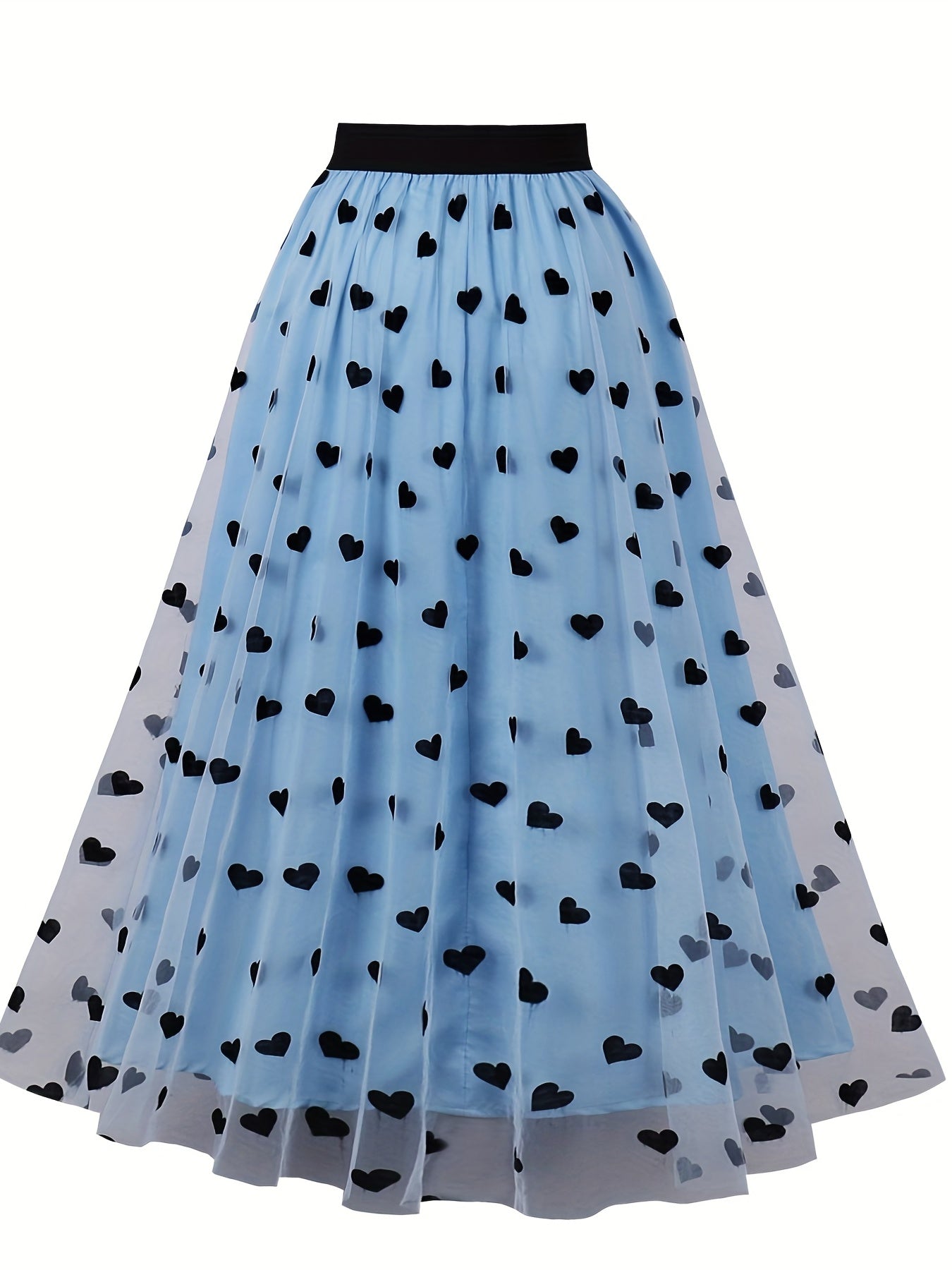 Layered Heart Mesh Elastic Waist A line Skirt