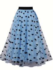 Layered Heart Mesh Elastic Waist A line Skirt