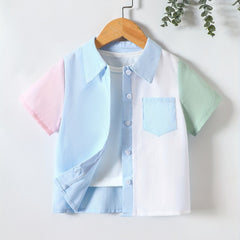 Boys Block Short Sleeves Shirt Preppy Style For Summer Kids Clothes