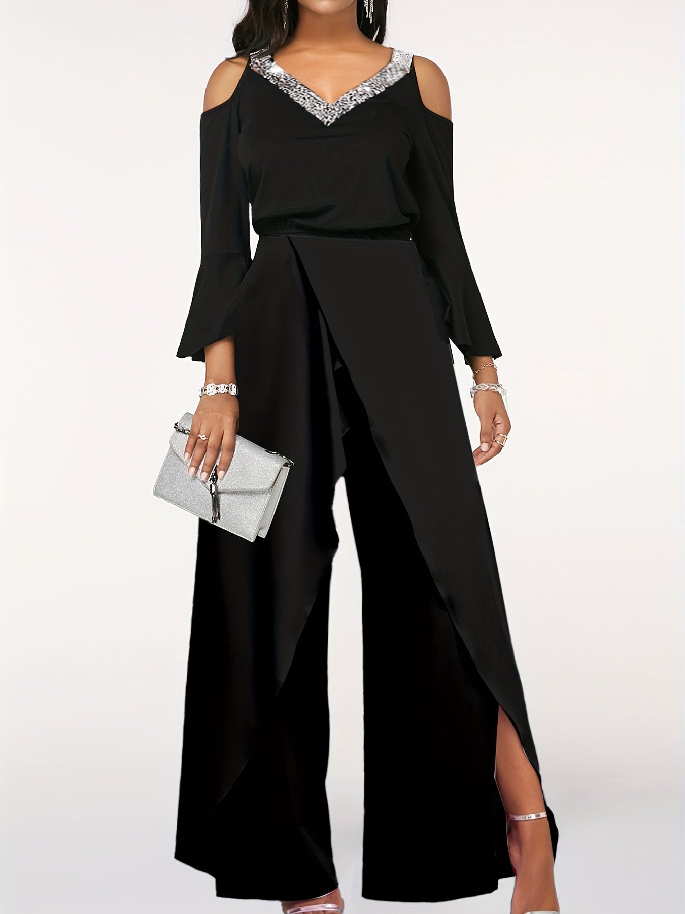 Sexy Split Wide Leg Jumpsuit Cold Shoulder High Waist