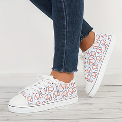 Women's Heart Printed Lace up Canvas Sneakers Outdoor Sports Shoes