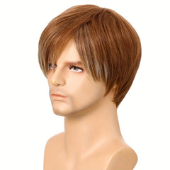 Men's Short Straight Hair Wig with Stylish Slanted Bangs