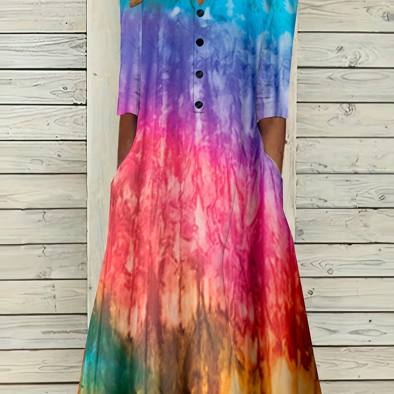 Ombre Button Decor Long Sleeve V-Neck Maxi Dress
