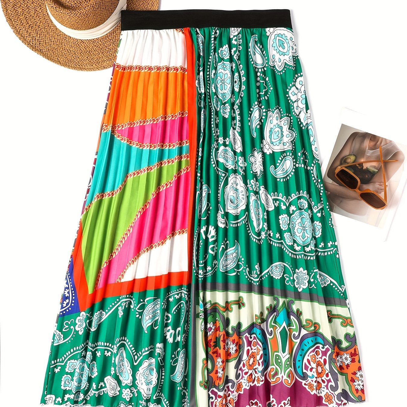 Colorblock Paisley Print Pleated Skirt
