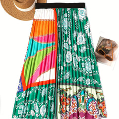 Colorblock Paisley Print Pleated Skirt