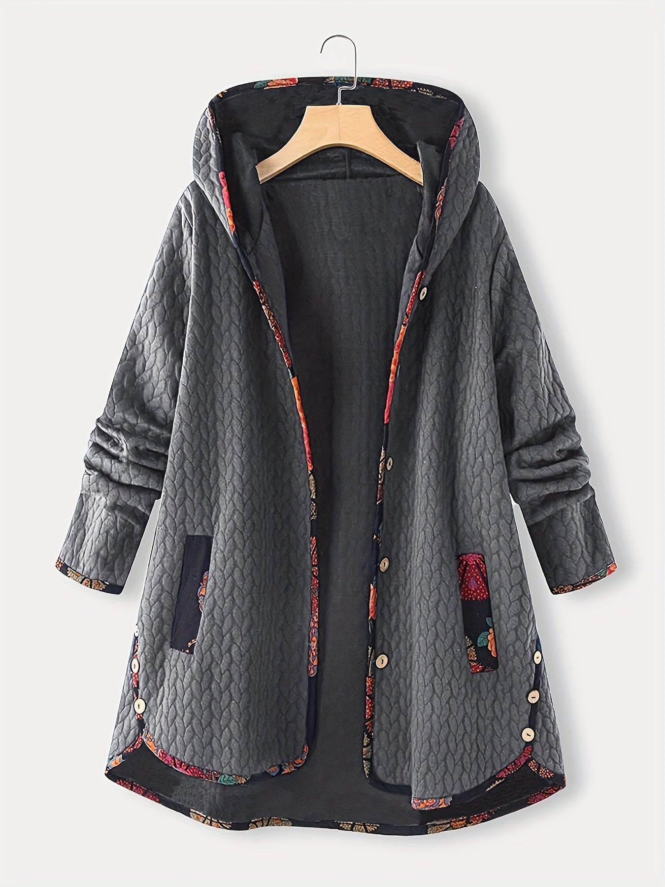 Striped Hooded Long Sleeve Mid Length Jacket Casual Button Front