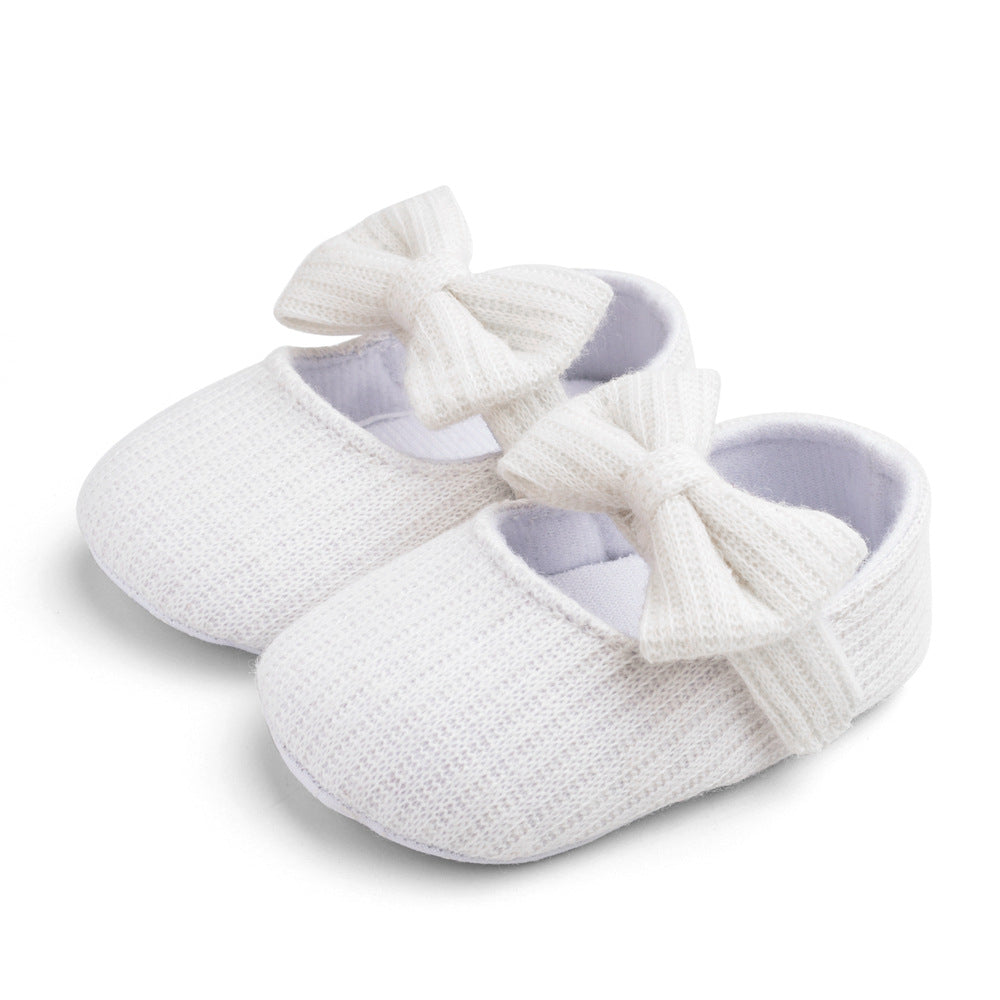 Baby Girls Knitted Shoes With Bow Soft Sole Non slip Slip on Walking Shoes