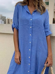 Maxi Shirt Dress Roll Up Sleeve Button Up Collar