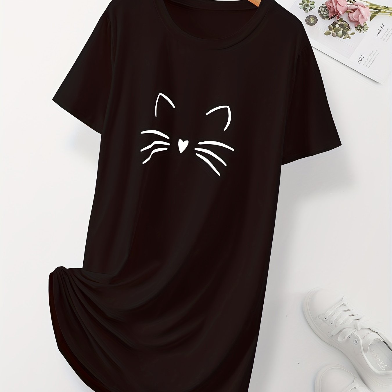 Cartoon Cat Print NightDress Short Sleeve Pajama Dress Women's Sleepwear