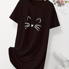 Cartoon Cat Print NightDress Short Sleeve Pajama Dress Women's Sleepwear