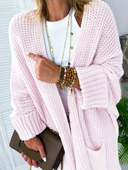 Solid Bat Sleeve Open Front Knit Cardigan With Pockets