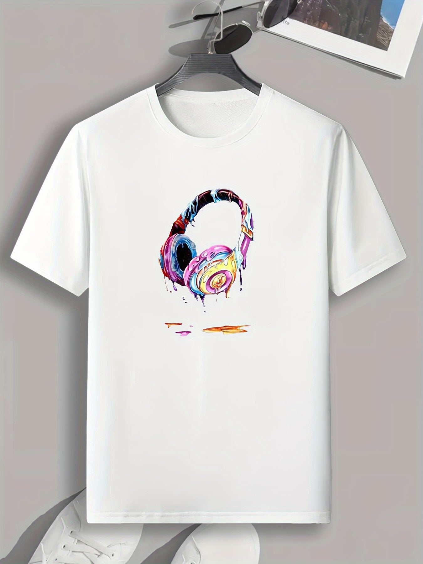 Colorful Headphone Print Men's Graphic T shirt - Casual Comfy Tees