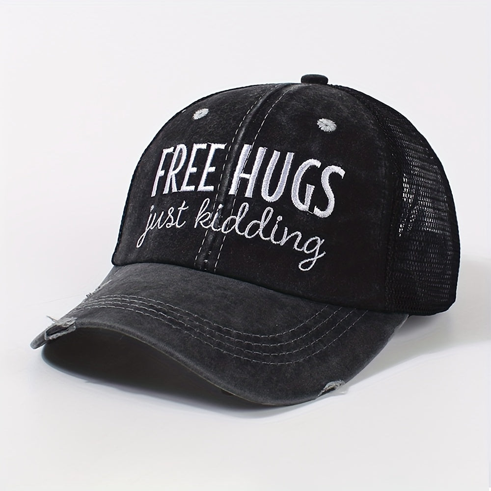 Ripped Ponytail Trucker Hat Hugs Embroidery Mesh Breathable Baseball Cap