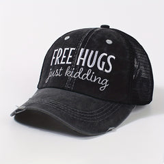 Ripped Ponytail Trucker Hat Hugs Embroidery Mesh Breathable Baseball Cap