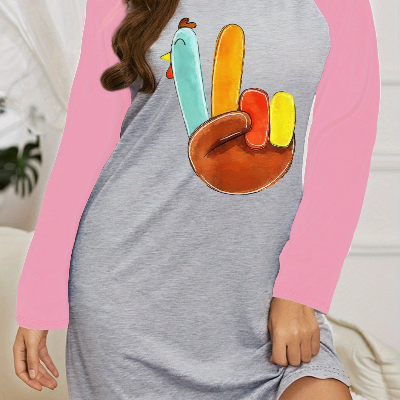 Nightdress Women's Turkey Print Round Neck Stretch Sleep Dress