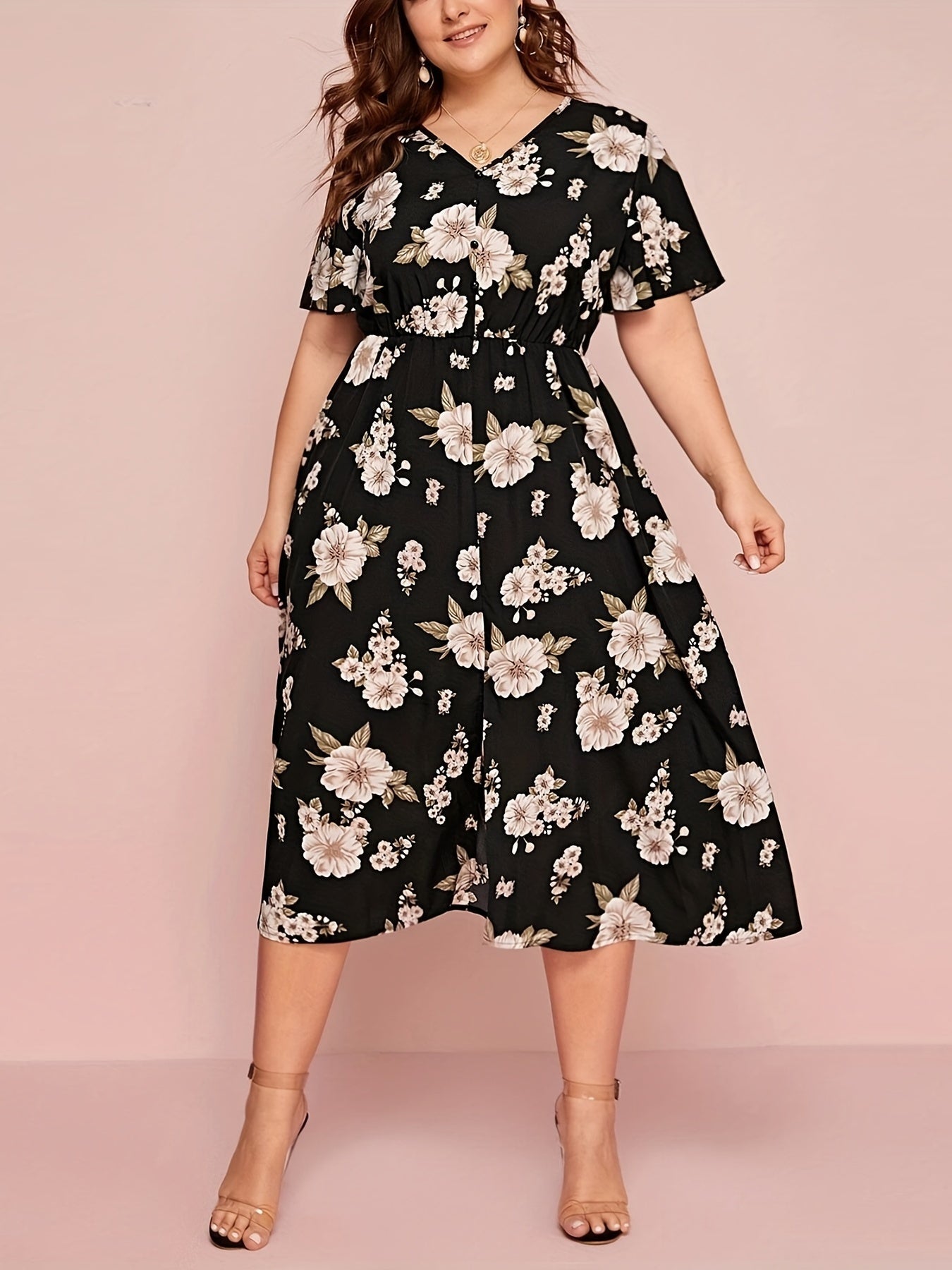 Floral Print Short Sleeve V Neck Dress