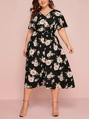 Floral Print Short Sleeve V Neck Dress