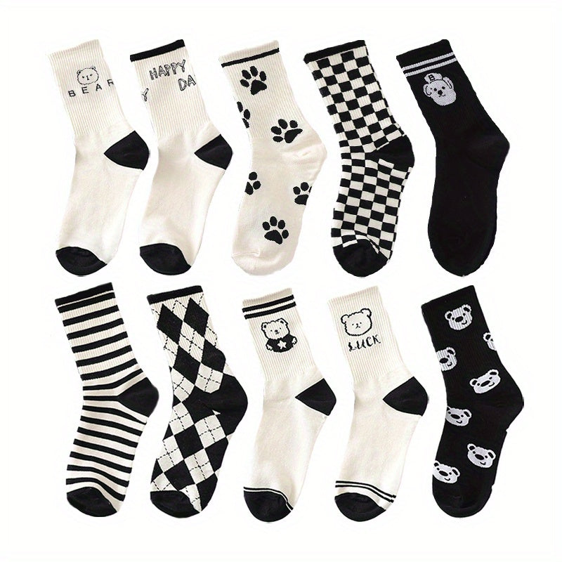 10 Pairs Bear & Plaid Print Socks Mid Tube Women's Stockings