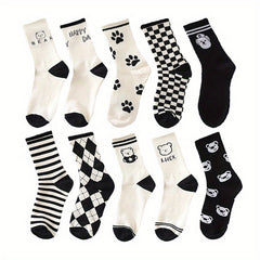 10 Pairs Bear & Plaid Print Socks Mid Tube Women's Stockings