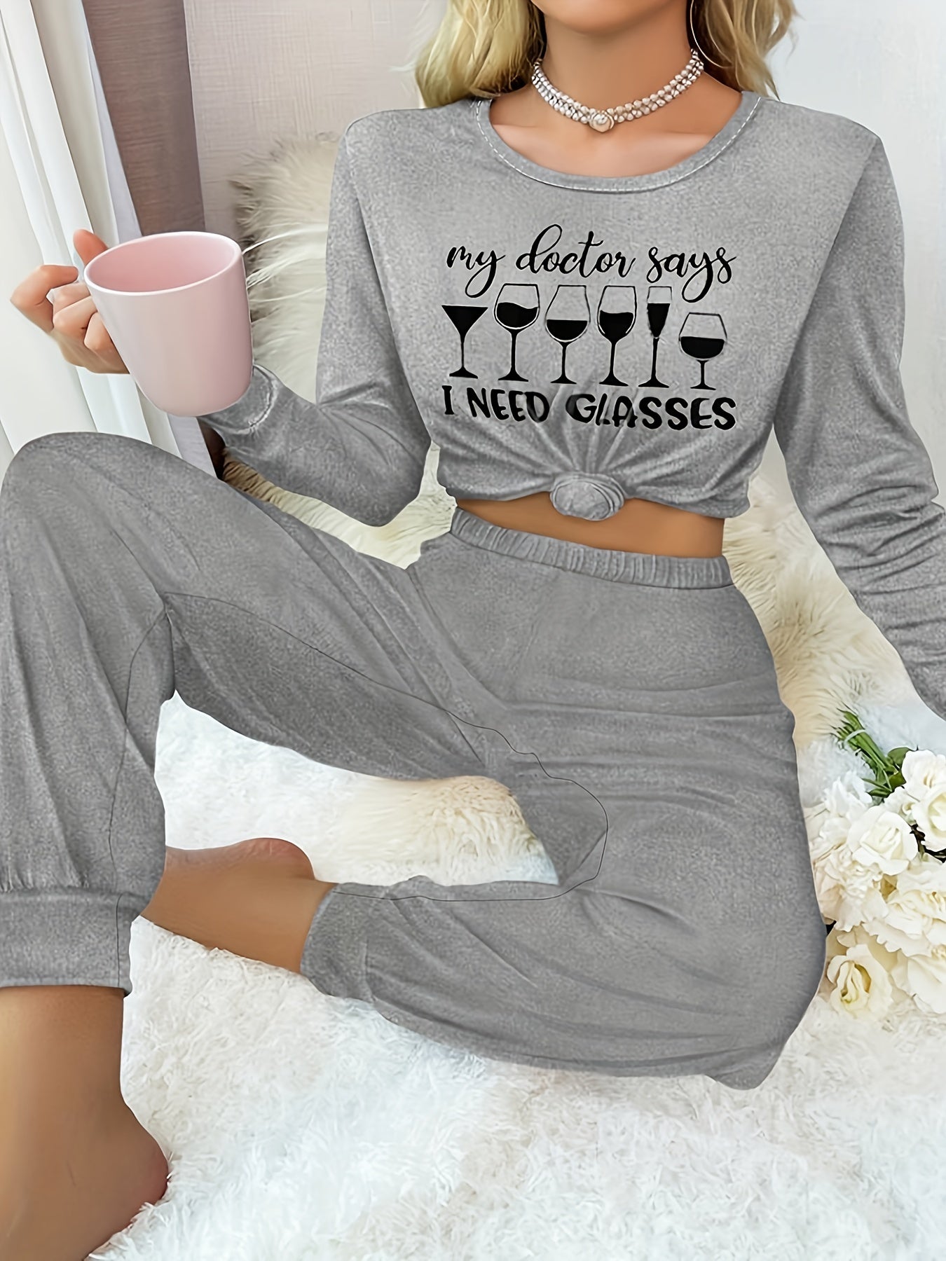 Letter Print Lounge Set Crew Neck Top & Pants Women's Sleepwear