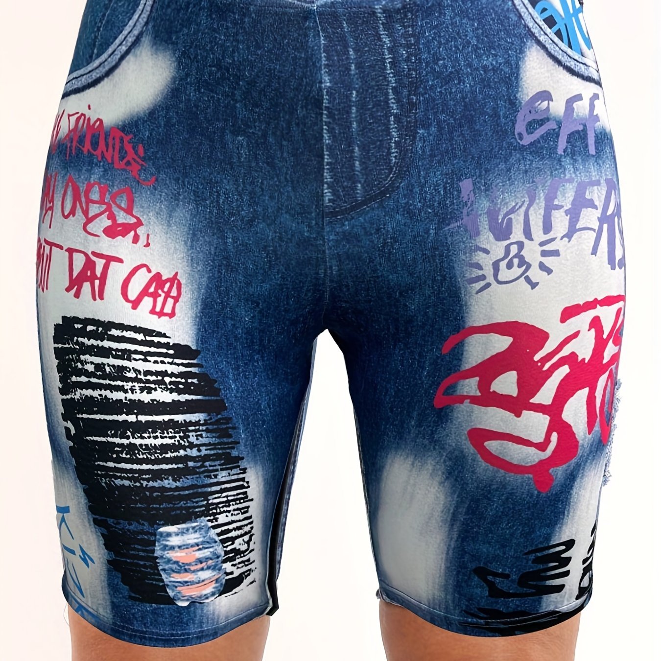 Plus Denim & Letter Print High Rise Skinny Shorts