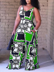 Colorblock Scarf Print Round Neck Wide Leg Jumpsuit