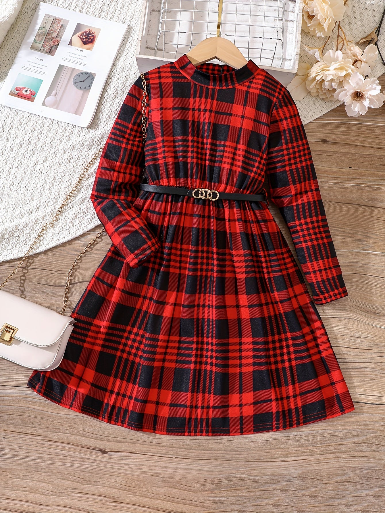 Plaid Print Long Sleeve Dress for Girls