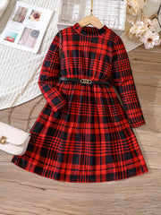 Plaid Print Long Sleeve Dress for Girls