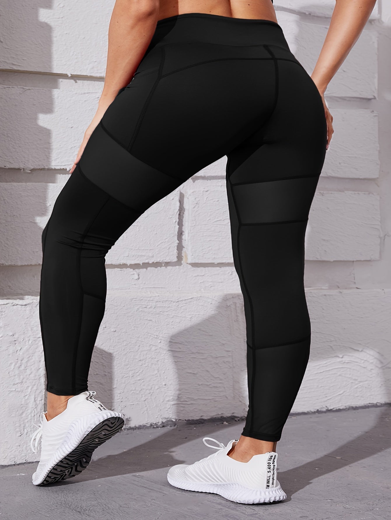 Solid Pipping Contrast Mesh High Rise Stretch Leggings With Pocket