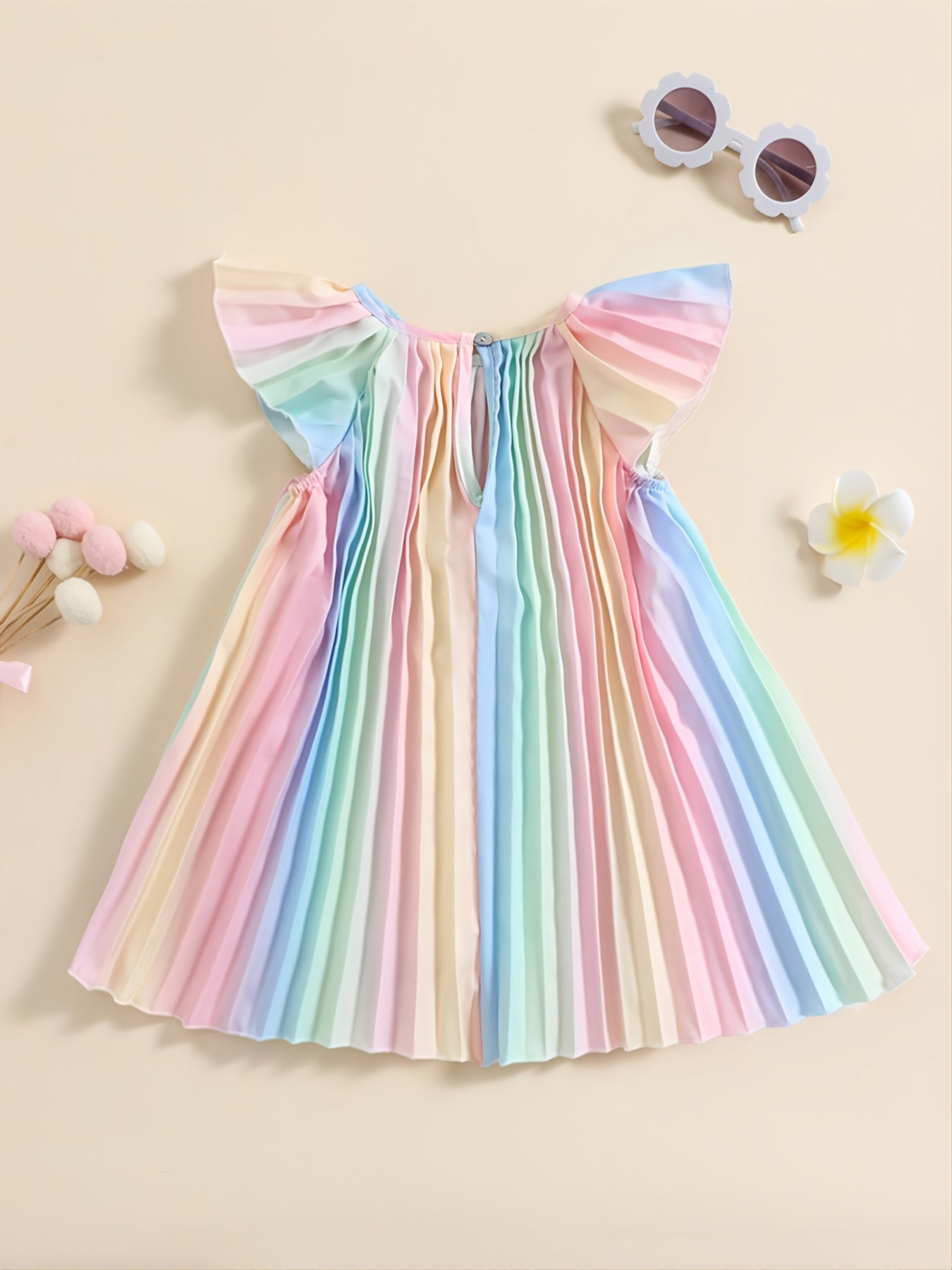 Girls Small Flying Sleeve Gradient Colorful Pleated Dress