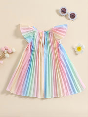 Girls Small Flying Sleeve Gradient Colorful Pleated Dress