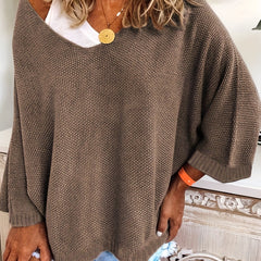 Casual Sweater Women's Plus Solid Batwing Sleeve V Neck Loose Sweater