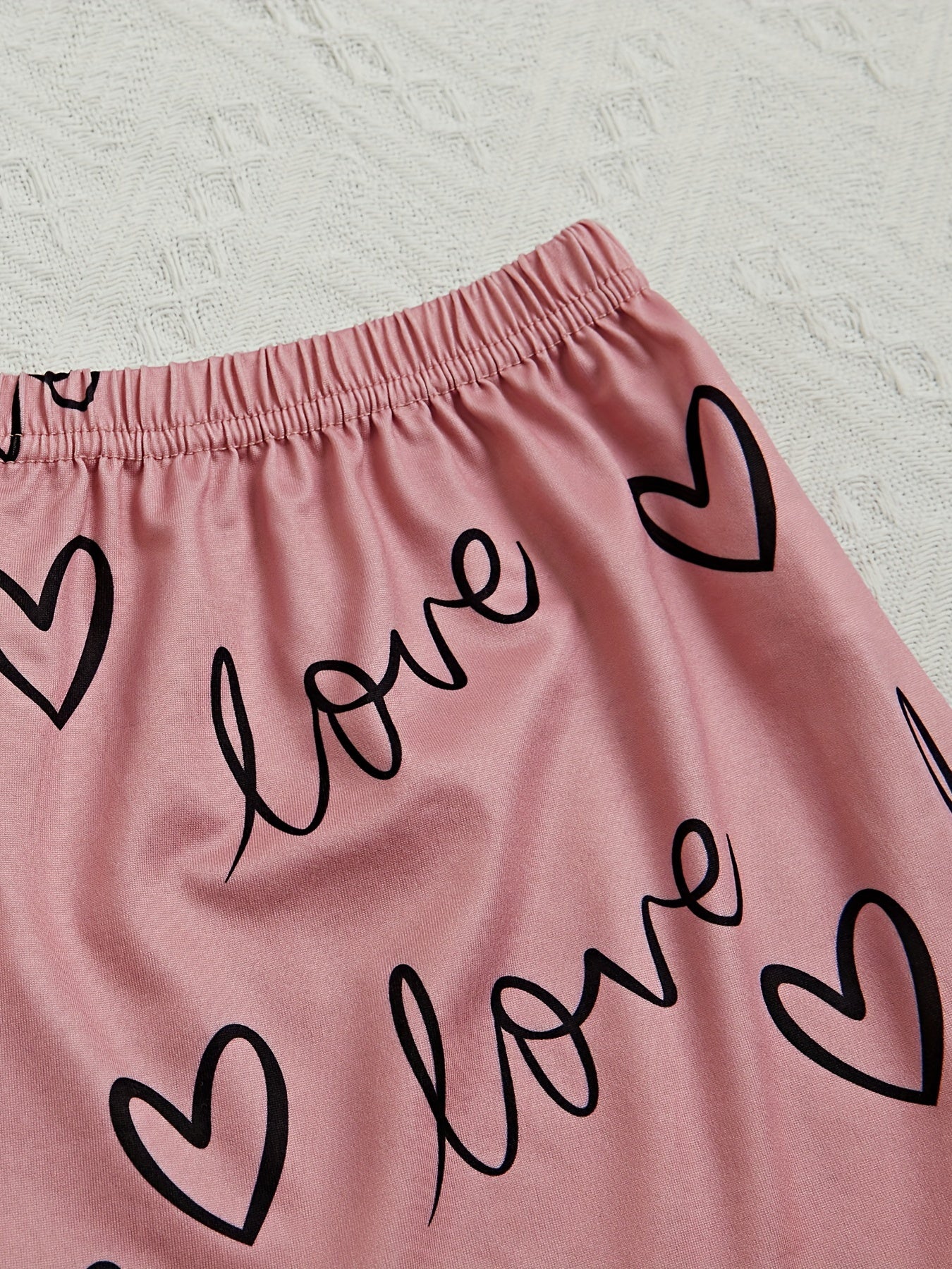 Heart Print Pajama Set Short Sleeve Crew Neck Top & Elastic Waistband Shorts