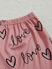 Heart Print Pajama Set Short Sleeve Crew Neck Top & Elastic Waistband Shorts