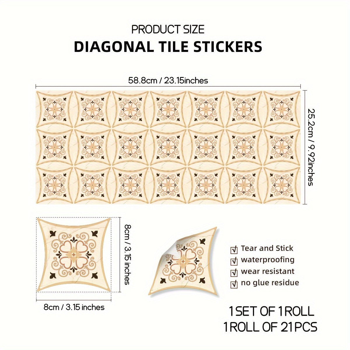 Bohemian Pattern Tile Diagonal Line Sticker Self adhesive Waterproof