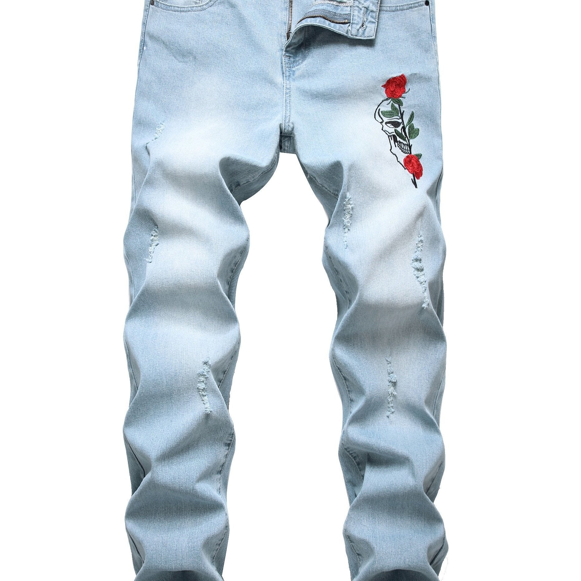 Men's Rose Embroidery Ripped Washed Jeans Streetwear Denim Pants