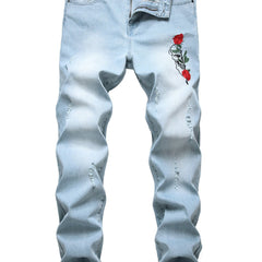 Men's Rose Embroidery Ripped Washed Jeans Streetwear Denim Pants