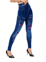 Denim & Ripped Print Leggings Casual Skinny Stretchy High Waist Leggings