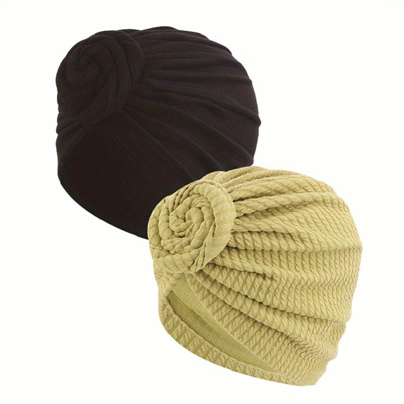 2pcs Twist Pleated Turban Cap Embossed Elastic Bonnet Chemo Beanies