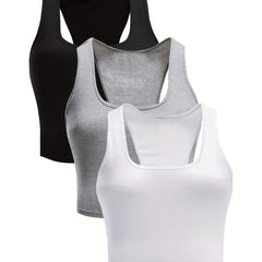 3 Pack Plus Size Tank Top Set Women's Plus Plain Round Neck Medium Stretch Tank