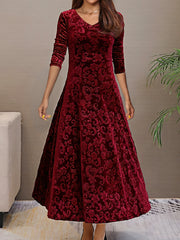 Velvet Floral Maxi Dress Long Sleeve Round Neck